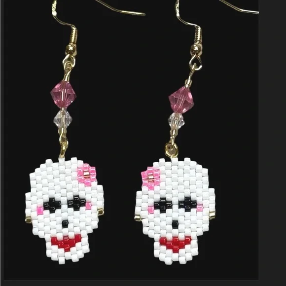 Beaded Whimsical Skull Earrings with Pink Accents - Gold Plated - Hand Crafted - Picture 4 of 6